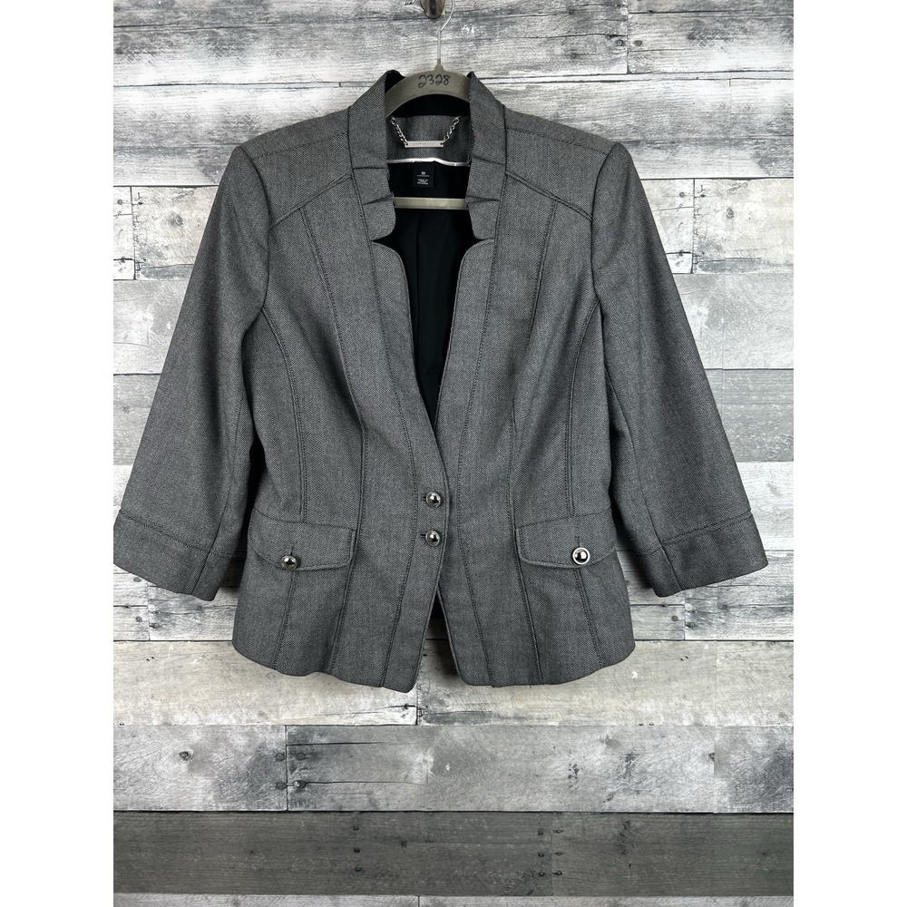 White House Black Market Blazer Womens 10 Gray Check Peplum Suit Jacket Career